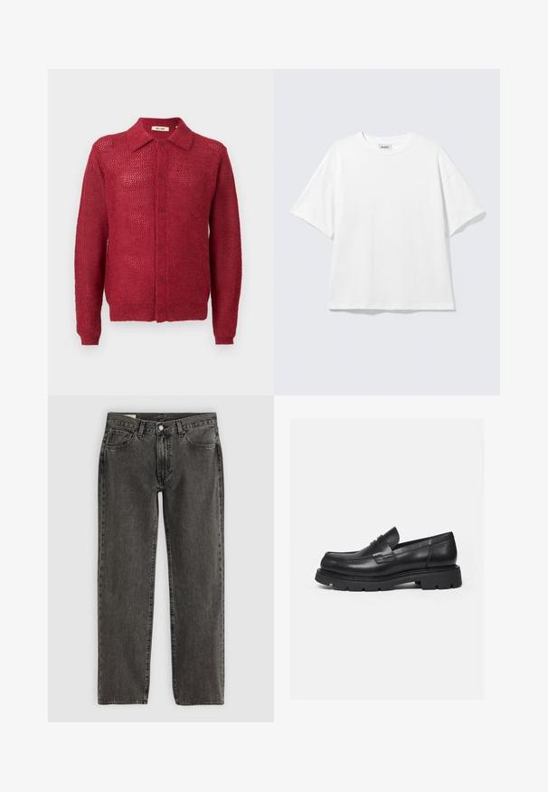 Cardigan rouge en tricot avec un devant à boutons, un col et des poignets côtelés. Présente un motif en tissage ouvert et une coupe décontractée.; T-shirt blanc oversize à manches courtes, col rond, épaules tombantes, posé à plat sur fond gris clair.; Jean droit noir délavé avec cinq poches, fermeture à bouton et passants de ceinture, posé à plat sur un fond blanc.; Mocassin en cuir noir avec semelle épaisse crantée et détail de bride penny, présenté en profil droit sur fond blanc.