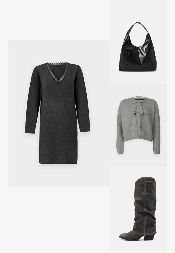 Vero Moda VMBOW Knit - Kardigan - medium grey; Tumehall pikkade varrukatega kudumkleit V-dekolteega, mille kaeluse ääres on õrn pitsäär.; Hallid hall nahk-saapad, mis ulatuvad säärtesse ja millel on lohkuv disain, terav nina ja kihiline konts. Tähelepanuväärne õmblemise detail varvaste piirkonnas.; Mustast nahkloomast hobokott, millel on pehme, läikiv tekstuur ja ümar avatud ülemine osa. Omab laia, kõverat rihma kandmiseks. Ei ole nähtavat riistvara.
