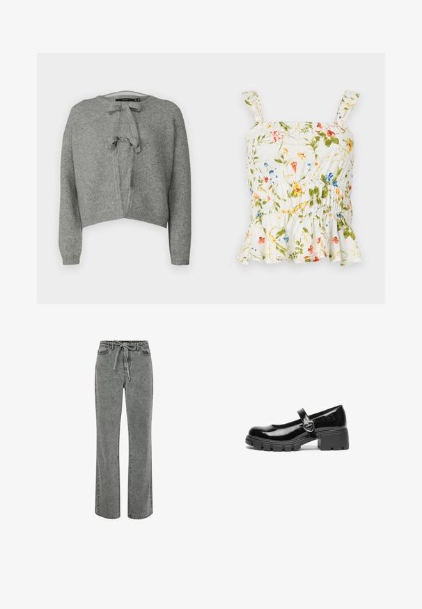 Vero Moda VMBOW Knit - Kardigan - medium grey; Lillelillekirjaga top valgel taustal. Omab volangääre, reguleeritavad õlapaelad ja volitatud bodi, mis tagab sobiva istuvuse.; Hallitus hallid teksad, lõdva istuvusega, paelaga vöökoht ja sirged sääred. Omab viit taskut ja nähtavaid õmbluse detaile.; Must mustaadi lakknast Mary Jane kinga, millel on paks konts, ümar varvas ja rihm, millel on südamekujuline klambri detail.