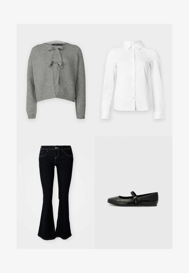Vero Moda VMBOW LS O-NECK TIE CARDIGAN GA - Chaqueta de punto - medium grey; Camisa blanca de manga larga con botones, cuello puntiagudo, bajo recto y silueta ajustada, presentada sobre un fondo claro y liso.; Jeans acampanados de lavado oscuro con una cintura alta, bolsillos delanteros y traseros, y costuras en amarillo contrastante.; Bailarinas de cuero negro con punta redondeada, suela plana y una delgada correa ajustable en el empeine que cuenta con una hebilla de metal.
