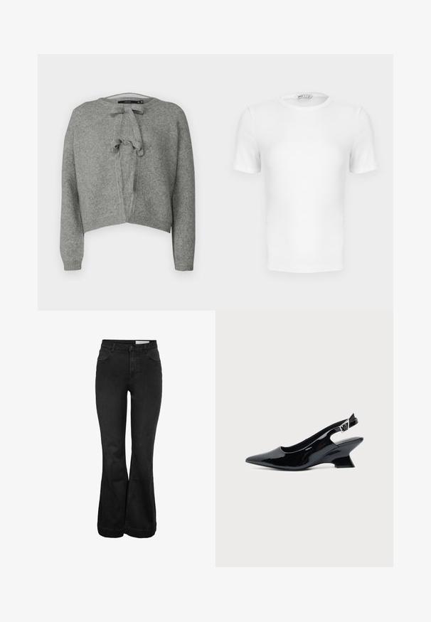 Vero Moda VMBOW LS O-NECK TIE CARDIGAN GA - Chaqueta de punto - medium grey; Camiseta blanca de manga corta con cuello redondo acanalado, corte ajustado y una pequeña etiqueta de la marca en el interior del cuello.; Jeans negros acampanados de cintura alta con cierre de botón y cremallera, bolsillos frontales y de moneda, y trabillas para cinturón.; Zapato slingback de cuero charol negro con puntera puntiaguda y tacón bajo en bloque inclinado sobre fondo claro liso.