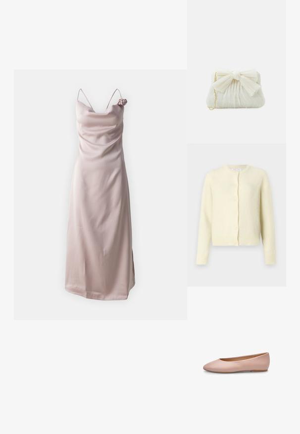 Lys gul cardigan lavet af blødt, tekstureret stof. Har rund halsudskæring, lange ærmer og seks-knaps frontlukning.; Satin sundress i lys pink med tynde stropper og en draperet halsudskæring, prydet med en roseaccent på venstre skulder.; Lyserød ballerina i læder med spids tå, glat tekstur, få detaljer og en solid lys brun sål. Enkelt design uden pynt.; Hvid plisseret clutch-taske med en fremtrædende sløjfedetalje og en guldkædetras. Blød tekstur med et samlet design på forsiden.