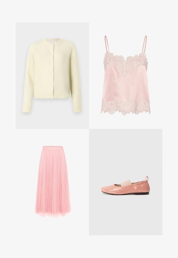 Lys gul cardigan lavet af blødt, tekstureret stof. Har rund halsudskæring, lange ærmer og seks-knaps frontlukning.; Lyserød satin camisole med hvid blondekant langs halsudskæring og kant, med tynde justerbare skulderstropper.; zero MIT PLIESSENDEM BECHER - Pliceret nederdel /Nederdele med folder - bridal rose; Lyserøde syntetiske flade sko med en skinnende overflade, firkantet tå og et blødt elastikbånd hen over vristen. Sort gummisål og bageste trækflap.