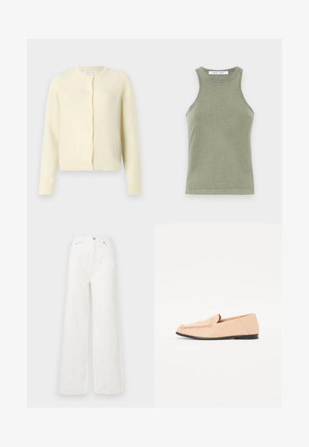 Lys gul cardigan lavet af blødt, tekstureret stof. Har rund halsudskæring, lange ærmer og seks-knaps frontlukning.; Olivengrøn tanktop lavet af blødt bomuld, med rund halsudskæring, ærmeløs design og syede kanter. Enkel, tætsiddende form.; Hvide højtaljede brede jeans lavet af denim. Har frontlommer, knaplukning og afrivede kantdetaljer.; Beige læder loafers med syet detaljer, en flad sort sål og en rund tå. Minimalistisk design uden fremtrædende hardware eller accenter.