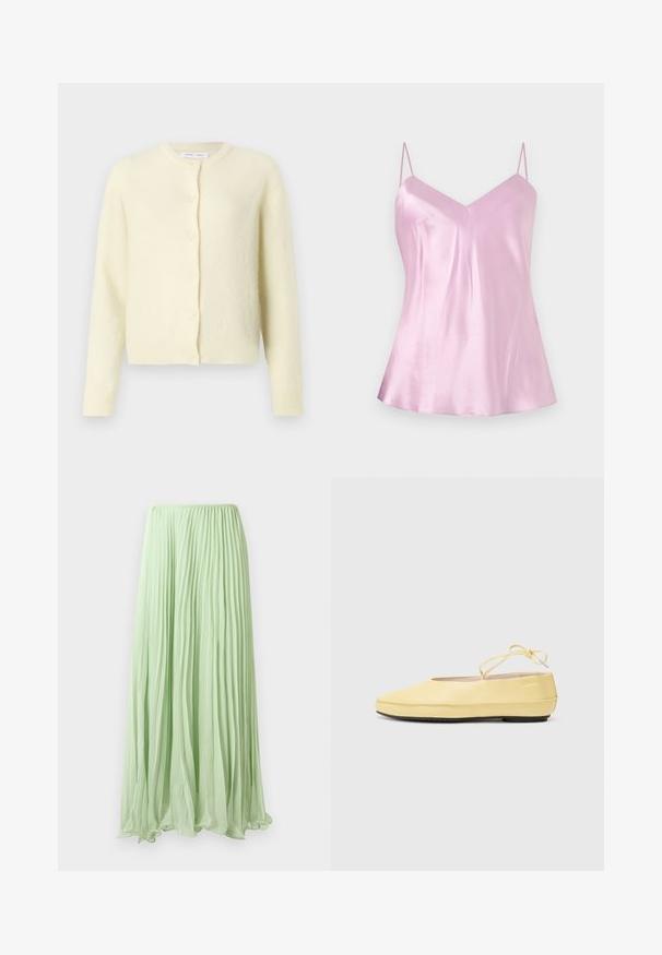 Lys gul cardigan lavet af blødt, tekstureret stof. Har rund halsudskæring, lange ærmer og seks-knaps frontlukning.; Lyserød satin camisole med tynde, justerbare spaghetti-stropper og en let V-udskæring, vist mod en ensartet hvid baggrund.; Lys grøn plisseret lang skirt lavet af let stof med elastisk talje, præsenteret mod en hvid baggrund.; Gule læderballetsko med rund tå, tynd ankelstrop og sort gummisål. Glat tekstur med minimale design detaljer.
