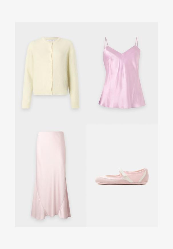 Cardigan jaune clair en tissu doux et texturé. Il présente un col rond, des manches longues et une fermeture à six boutons à l'avant.; Camisole en satin rose clair avec fines bretelles spaghetti réglables et un léger décolleté en V, présenté sur un fond blanc uni.; Jupe midi en satin rose clair avec une silhouette évasée en A et des détails subtils de coutures diagonales sur un fond uni.; Chaussure Mary Jane rose clair avec une bride blanche réglable, une semelle souple et un bout arrondi sur un fond blanc uni.