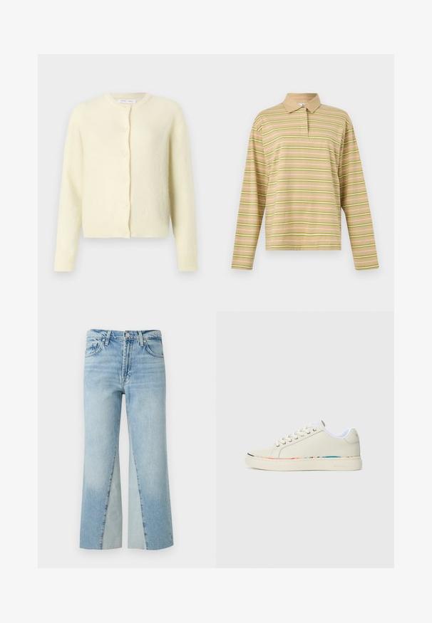 Cardigan jaune clair en tissu doux et texturé. Il présente un col rond, des manches longues et une fermeture à six boutons à l'avant.; Polo à manches longues beige avec des rayures horizontales vert clair et blanches et un col beige uni.; Jean denim bleu clair avec taille haute, fermeture par bouton et zip, poches avant et jambes larges et droites.; Baskets basses blanc cassé avec un système de laçage, doublure intérieure blanche et un liseré multicolore subtil le long du bord de la semelle, vue de côté.