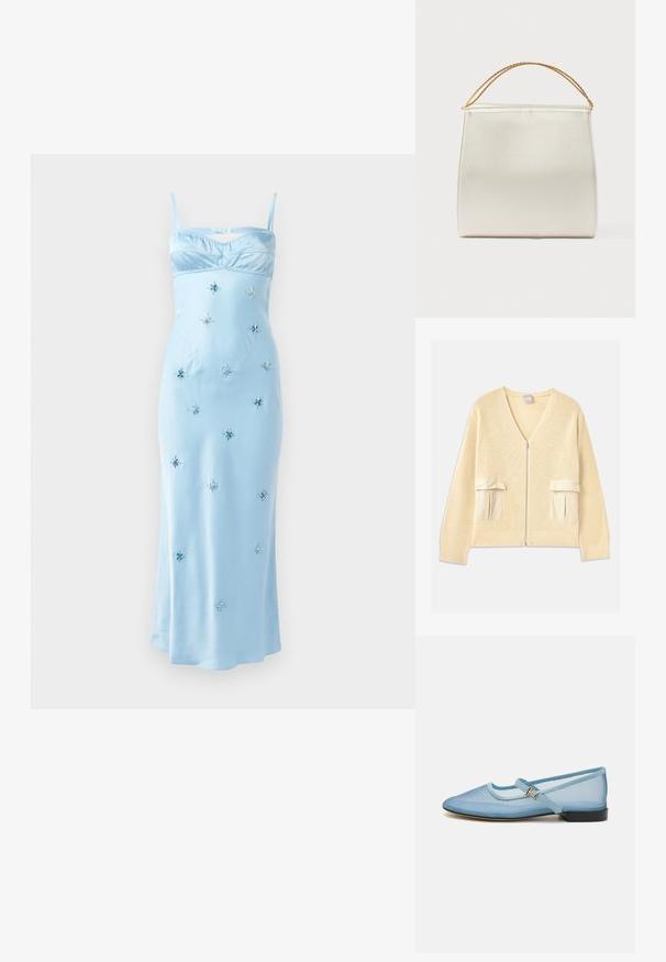 crème gebreide cardigan met een V-hals, een ritssluiting aan de voorkant en twee opgestikte zakken. Kenmerkt zich door geribde manchetten en zoom, met gladde stofaccenten.; Lichtblauwe satijnen jurk met dunne spaghettibandjes, een geplooide buste en versierd met stervormige pailletten in verschillende maten over de stof.; Lichtblauwe Mary Jane ballerina met een mesh bovenwerk, ronde neus, verstelbare band met een gouden gesp en een lage zwarte hak.; Gestructureerde handtas met satijnen afwerking, crèmekleurig, met een schouderriem van ketting. Kenmerkt zich door een vlakke, gladde textuur en nette naden.