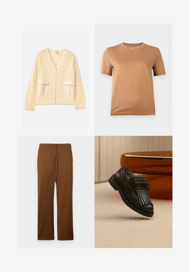 Cárdigan de punto crema con cuello en V, cierre frontal y dos bolsillos tipo parche. Presenta puños y dobladillo acanalados, con acentos de tela suave.; Camiseta de manga corta color beige con cuello redondo y una pequeña etiqueta gris con la inscripción "MM" en el cuello, exhibida sobre un fondo claro y liso.; Pantalones marrones de pierna ancha hechos de algodón suave, con un lazo frontal, dos grandes bolsillos parche y un acabado liso y sin textura.; Zapato negro de cuero con cordones, flecos decorativos y tachuelas de metal colocado en una alfombra beige cerca de un mueble marrón.