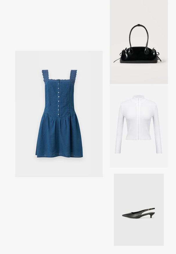 Biely rebrovaný top na zips s dlhými rukávmi a vysokým golierom. Má centrálny zips a priliehavý strih, ktorý vyzdvihuje textúrovaný materiál.; Modré šaty bez rukávov s čipkovými ramienkami, zapínaním na gombíky vpredu, zdobené záhybmi na živôtiku a nariasenou sukňou.; Čierne body topánky s otvorenou pätou vyrobené z hladkej kože. Zobrazuje tenké opätky a ozdobný detail s prackou na nastaviteľnom popruhu.; Malá čierna lesklá kabelka s dvoma dlhými rúčkami a bočnými šnúrkovými detailmi na jednoduchom svetlom pozadí.