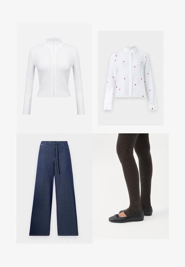 Witte geribbelde top met ritssluiting, lange mouwen en een hoge kraag. Heeft een centrale ritssluiting en een aansluitend ontwerp, met een getextureerd materiaal.; Witte blouse met lange mouwen en knopen, met rode geborduurde hartpatronen en een puntige kraag, weergegeven tegen een neutrale achtergrond.; Donkerblauwe wijde spijkerbroek met een trekkoord in de taille, voorzakken en contrasterende witte stikseldetails.; Benen met donkere geribbelde leggings gecombineerd met zwarte ballerina's met kleine strikdetails op een witte achtergrond.