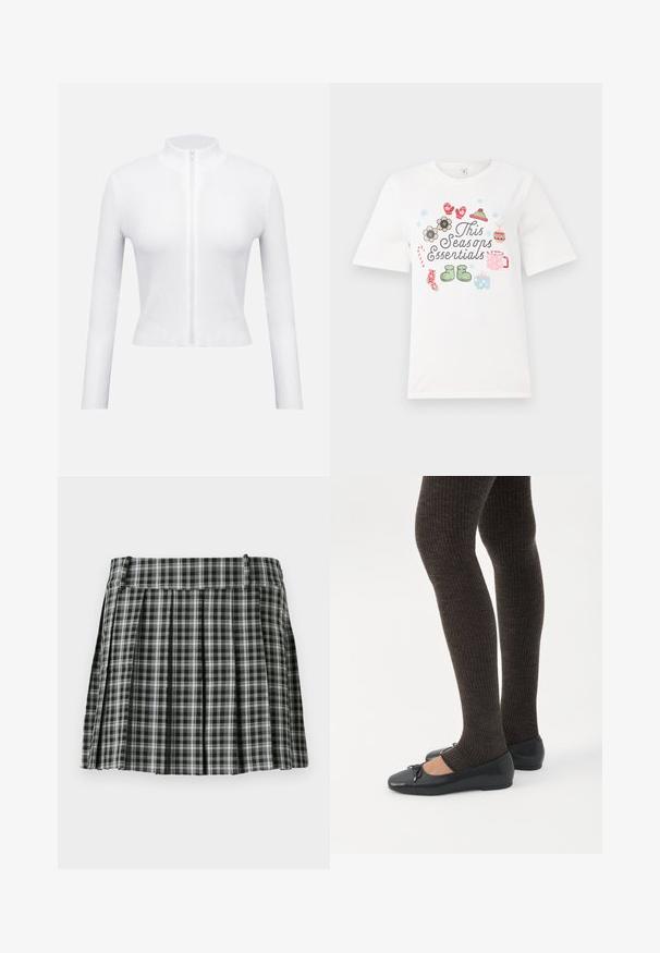 Biely rebrovaný top na zips s dlhými rukávmi a vysokým golierom. Má centrálny zips a priliehavý strih, ktorý vyzdvihuje textúrovaný materiál.; Biela tričko s krátkym rukávom s farebným dizajnom a textom "Tento sezónny základ" a rôznymi ilustráciami sezónnych tém, vrátane kvetov a darčekov.; Čiernobiela károvaná plisovaná sukňa s hladkým pásom a viacerými vertikálnymi záhybmi. Vyrobená z ľahkého materiálu.; Nohy v tmavých pásikavých legínach v kombinácii s čiernymi balerínkami s malými mašličkami na bielom pozadí.