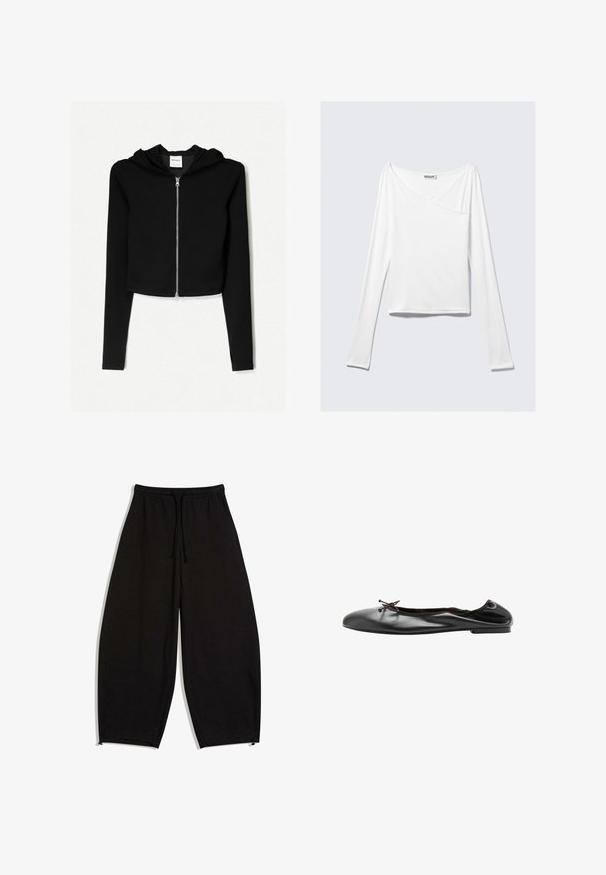 Zwarte cropped hoodie gemaakt van zachte stof, heeft een volledige ritssluiting aan de voorkant, lange mouwen en een capuchon met trekkoord. Simpel, minimalistisch ontwerp.; Witte long-sleeve top met een crossover ontwerp en een zak. Gemaakt van een gladde, rekbare stof. Geknipt in een casual, relaxte pasvorm.; Losse zwarte joggingbroeken met elastische tailleband, trekkoord, zijzakken en verstelbare zomen.; Zwarte leren ballerinaschoen met een klein strikje aan de voorkant en een licht geplooide achternaad, zijaanzicht op een witte achtergrond.