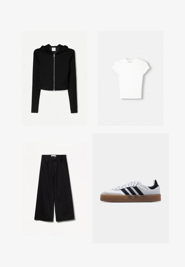 Čierny skrátený hoodie vyrobený z jemnej tkaniny, má kompletný predný zips, dlhé rukávy a kapucňu so šnúrkou. Jednoduchý, minimalistický dizajn.; Biela krátka rukávová tričko vyrobené z mäkkého bavlneného materiálu, s okrúhlym výstrihom a priliehavým strihom. Bez viditeľných vzorov alebo ozdôb.; Čierne široké džínsy vyrobené z denimu. Majú vysoký pás, predné a zadné vrecká a strieborné kovanie na zapínaní na gombík a zips.; Biele kožené tenisky s čiernymi pruhmi, gumová podrážka, okrúhla špička, šnurovanie a mäkký sivý semišový špička.
