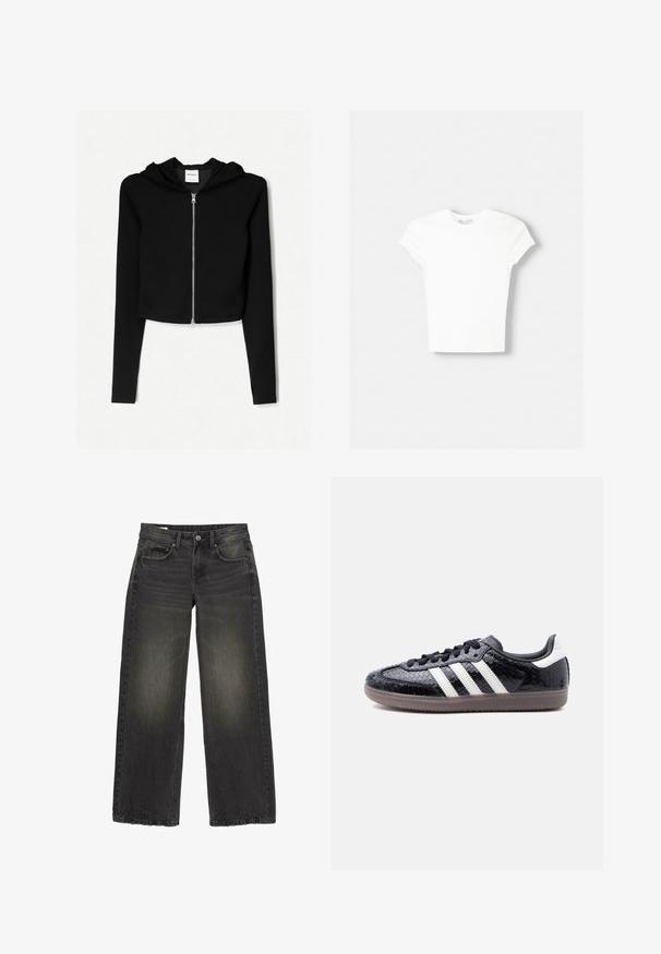 Čierny skrátený hoodie vyrobený z jemnej tkaniny, má kompletný predný zips, dlhé rukávy a kapucňu so šnúrkou. Jednoduchý, minimalistický dizajn.; Biela krátka rukávová tričko vyrobené z mäkkého bavlneného materiálu, s okrúhlym výstrihom a priliehavým strihom. Bez viditeľných vzorov alebo ozdôb.; Čierne rifle s širokými nohavicami, vyblednuté detaily, predné zapínanie na gombík, zips a päť vreciek, uložené na bielom pozadí.; Nízky čierny teniska s textúrou pripomínajúcou hadiu kožu, bielymi pruhmi na boku, čiernymi šnúrkami a priehľadnou hnedou podrážkou.