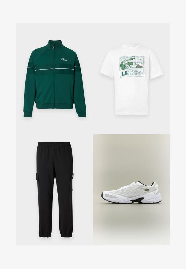 Veste de survêtement zippée verte avec des rayures blanches, fabriquée en tissu lisse. Dotée d'un col montant et d'un logo brodé sur la poitrine.; T-shirt blanc à manches courtes avec un crocodile brodé en vert et rose et le texte "LACOSTE" sur un fond à motif quadrillé à l'avant.; Pantalons de jogging noirs avec une ceinture élastique, des poignets fuselés et des poches cargo latérales. Fabriqué en matériau doux avec une texture lisse.; Baskets de sport blanches avec un dessus en mesh texturé, un design courbé et une semelle noire contrastante. Présente un logo brodé vert sur le côté.