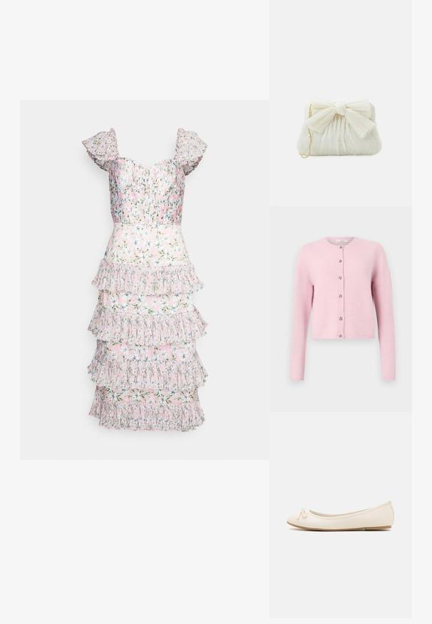 JDY JDYCHLOE L/S CARDIGAN KNT NOOS - Ζακέτα - sweet lilac; AMUR GRADY COMBO PLEATED - Cocktail φόρεμα / Φόρεμα για πάρτι - rosewater posey; Μπαλαρίνες σε κρεμ χρώμα με στρογγυλή μύτη, μικρή λεπτομέρεια φιόγκου στην μπροστινή πλευρά και υφασμάτινη μπεζ σόλα. Λείος συνθετικός υλικός.; Λευκή πλισέ τσάντα clutch με έντονη λεπτομέρεια σε φιόγκο και χρυσή αλυσίδα. Μαλακή υφή με συγκεντρωμένο σχέδιο στο μπροστινό μέρος.