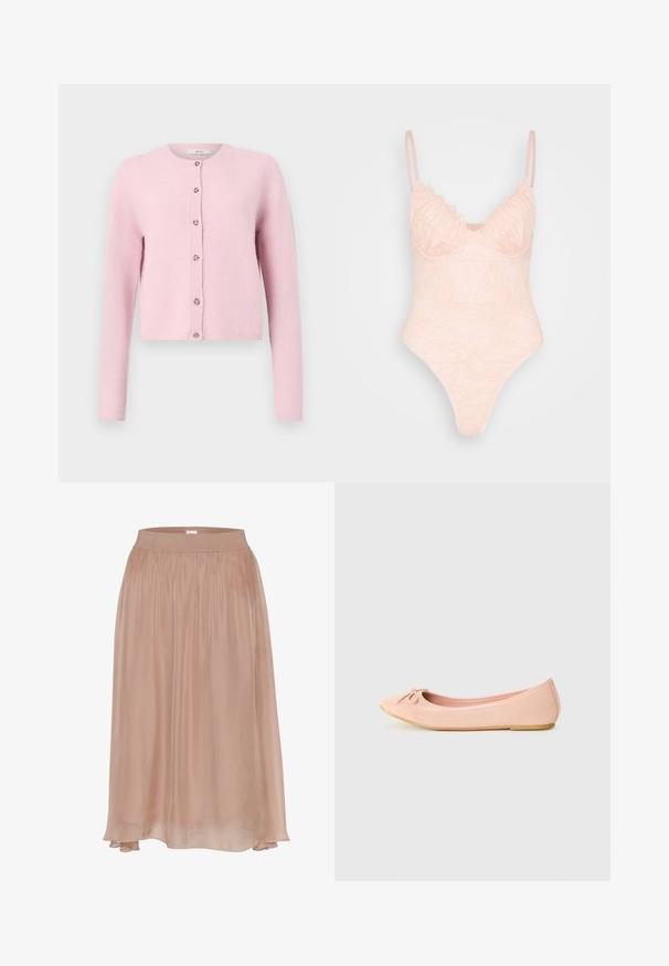 JDY JDYCHLOE L/S CARDIGAN KNT NOOS - Ζακέτα - sweet lilac; IN THE STYLE LINGERIE BODYSUIT - Μπλούζα - rosé; Απαλή ροζ φούστα, ρέουσα, κατασκευασμένη από απαλό ύφασμα με ελαστική μέση. Διαθέτει ίσια γραμμή και ελαφρώς μακρύτερο πίσω τελείωμα.; Μπαλαρίνα σε ανοιχτό ροζ συνθετικό υλικό με στρογγυλή μύτη, που διαθέτει μια μικρή λεπτομέρεια φιόγκου και ευέλικτη σόλα.