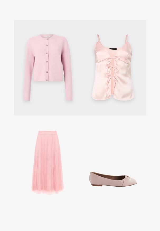 JDY JDYCHLOE LIFE CARDIGAN - Strickjacke - sweet lilac; Rosa Satin-Camisole mit verstellbaren Spaghetti-Trägern, ausgestattet mit einer vorderen Bindeschleife mit Schlaufen und einem V-Ausschnitt-Design. Glatte Textur und klare Linien.; zero MIT PLIESSENDEM BECHER - Faltenrock - bridal rose; Helle rosa Ballerinas aus glattem Material, mit runder Zehenpartie und einem kleinen geknoteten Detail an der Oberseite. Flache Sohle.