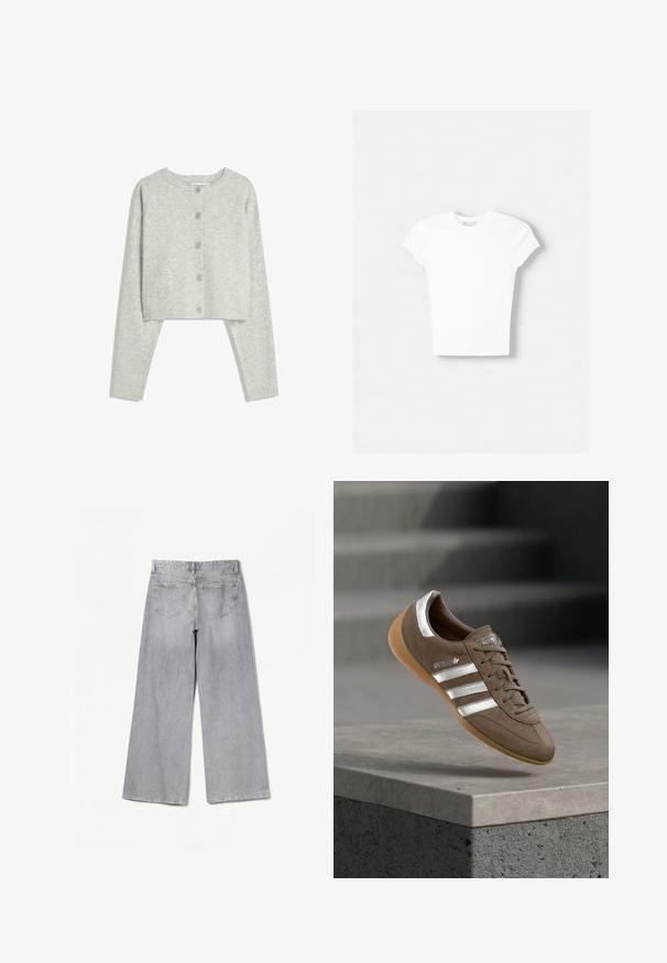 Gilet court gris clair avec des manches longues, un col rond et cinq boutons sur le devant, sur un fond blanc.; T-shirt blanc à manches courtes en coton doux, avec un col rond et une coupe ajustée. Pas de motifs ni d'ornements visibles.; Jean large gris à taille haute, avec une texture lisse, deux poches arrière et des détails de couture subtils.; Baskets en daim marron avec des rayures blanches et des accents argentés, dotées d'une tige texturée, d'un système de laçage et d'une semelle en caoutchouc gomme.