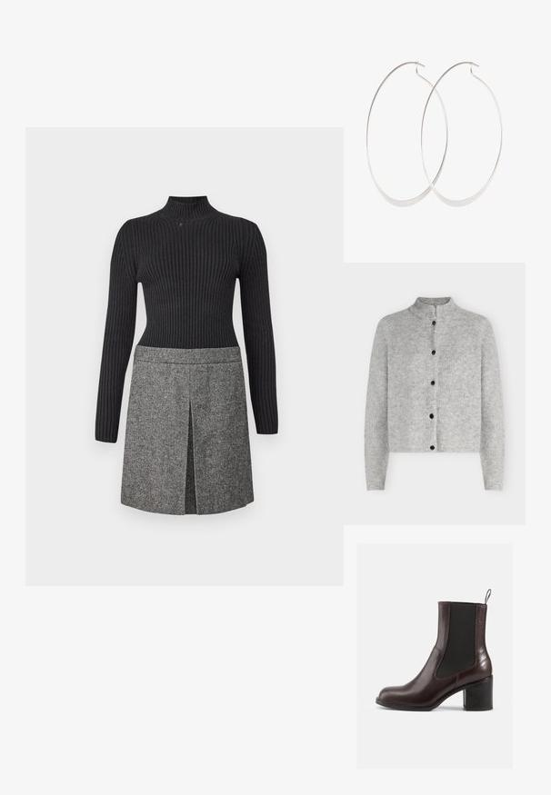 Cardigan tricoté gris clair à manches longues avec cinq boutons noirs sur le devant, avec un col montant court.; Pull en maille noir à col roulé avec une texture côtelée, associé à une jupe tissée grise avec une fente avant et des détails de motif subtils.; Bottes de cheville en cuir marron avec des panneaux élastiques sur les côtés, bout arrondi et talon bloc. Texture lisse et détails de couture subtils.; Boucles d'oreilles en argent avec un design fin et lisse ; forme ovale allongée ; finition polie ; présente un fermoir à crochet sécurisé.