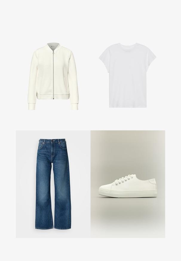 Veste bomber blanche texturée avec fermeture éclair, poignets, col et ourlet côtelés, dotée de deux poches latérales.; T-shirt blanc à manches courtes, col rond, coupe décontractée, en tissu de coton doux. Texture lisse, sans motifs ni logos.; Jean large bleu en denim, avec un design à cinq poches, fermeture par bouton, et un léger effet délavé sur le tissu.; Baskets basses blanches avec lacets blancs et semelle en caoutchouc, vues de côté sur un fond neutre.