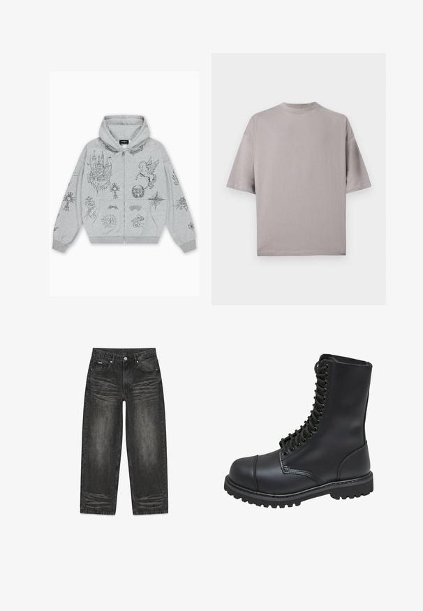 Sudadera con capucha gris con cremallera, con gráficos impresos en negro que incluyen un castillo, un ángel y varios símbolos. Tela suave con un ajuste cómodo y relajado.; Camisa holgada de manga corta en gris claro liso con cuello redondo, mostrada extendida sobre un fondo blanco.; Vaqueros negros descoloridos de pierna recta con bolsillos delanteros y traseros y cierre de botón y cremallera, mostrados planos sobre un fondo blanco.; Bota de combate de cuero negro con caña alta, parte frontal con cordones, cuello acolchado y suela texturizada resistente para un buen agarre. Presenta una puntera reforzada.
