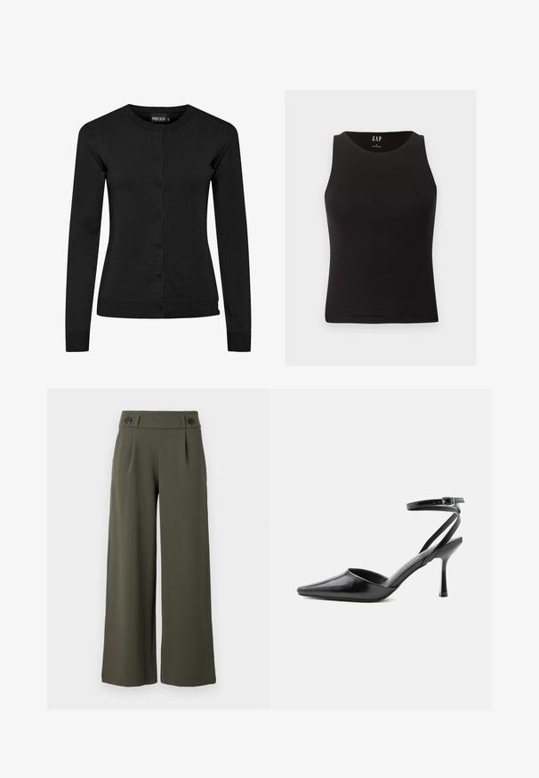 Schwarze Langarm-Strickjacke aus Strickmaterial, mit Rundhalsausschnitt, Knopfverschluss und gerippten Bündchen und Saum. Keine Muster oder Akzente.; Schwarzes ärmelloses, figurbetontes Tanktop mit rundem Ausschnitt, Größe S, vor hellem Hintergrund präsentiert.; Weite, olivgrüne Hosen aus glattem Stoff; mit zwei schwarzen Knöpfen am Bund und vorderen Falten für zusätzliche Details.; Schwarzer spitzer High Heel mit dünnen Knöchelriemen und silberner Schnalle auf einfachem hellem Hintergrund.
