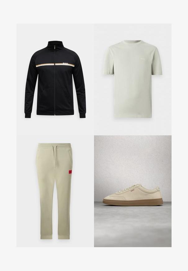 Veste noire zippée en tissu doux. Présente une bande horizontale blanche et dorée sur la poitrine avec le logo "BOSS", et des poches frontales.; T-shirt gris clair à manches courtes avec col rond et petit logo blanc "HUGO" sur la poitrine gauche.; Pantalon de survêtement beige clair avec taille élastique, cordon de serrage, poches latérales, poignets côtelés et un petit patch logo rouge "HUGO" sur la cuisse droite.; Baskets en daim beige clair avec une semelle en caoutchouc gomme, des lacets prononcés et des détails de couture subtils. Design épuré avec une esthétique minimaliste.