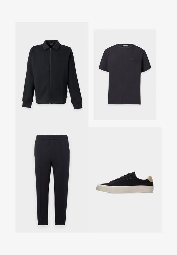 Veste noire zippée avec col et manches longues, avec poches latérales et fermeture éclair frontale.; T-shirt noir uni à manches courtes avec col rond, orné d'un petit patch logo rond noir sur le côté gauche de la poitrine.; Pantalon de jogging noir avec une taille élastique, des jambes fuselées, des poches latérales et une texture de tissu lisse. Présente des détails cousus le long des coutures.; Baskets basses noires avec languette beige au talon, semelle en caoutchouc blanche épaisse, lacets noirs et petite étiquette "PS Paul Smith" sur le côté.