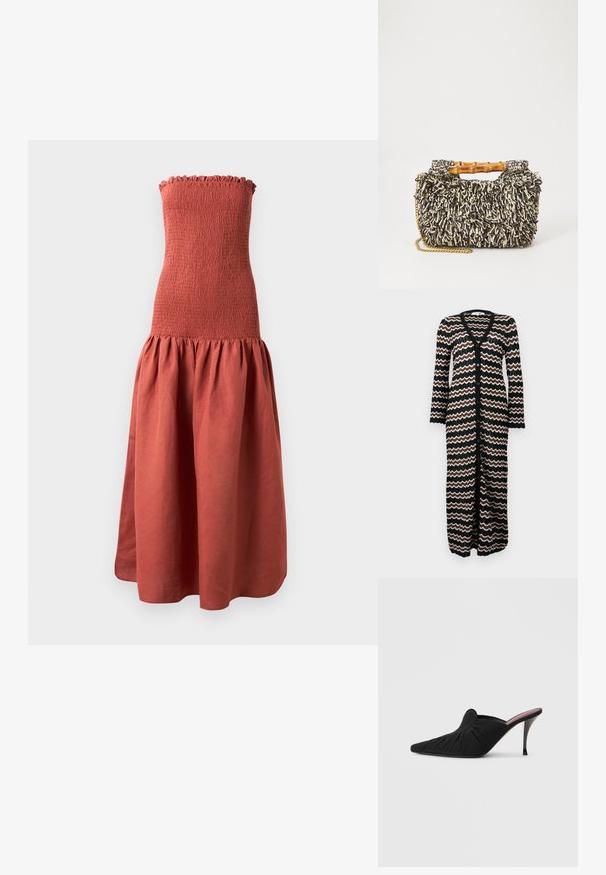Lang cardigan med sort bund og zigzag mønstre i brun og creme. Lavet af en let strik med knapper ned foran.; Lang, stropløs kjole med en smocket bodice i rustfarve, med en flagrende, samlet nederdel for et tekstureret look.; Sort højhælet mule med spids tå, blødt stof med rynket tekstur foran og en slank stiletthæl.; Vævet taske med et struktureret sort og creme mønster, bambushåndtag og en aftagelig guldkæde-strop. Kompakt rektangulær form.