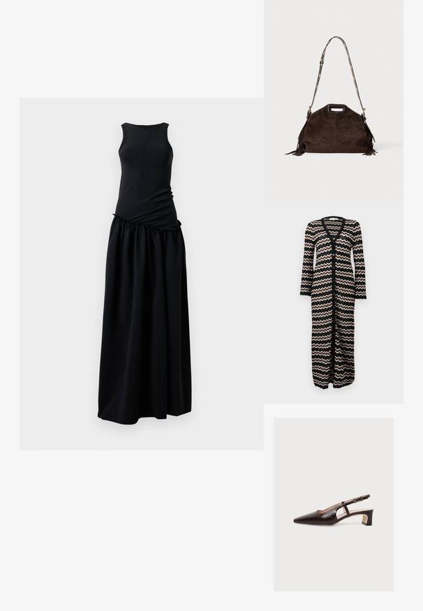 Lang cardigan med sort bund og zigzag mønstre i brun og creme. Lavet af en let strik med knapper ned foran.; Sort kjole med en tætsiddende overdel og rund halsudskæring samt en rynket, flydende nederdel. Lavet af blødt, glat stof med en ensartet tekstur.; Brun slingback-sko med spids tå, lav blokhæl, krokodillemønster, sideudskæring og justerbar spænderem, vist på hvid baggrund.; Mørkebrun ruskindstaske med topudskåret håndtag, justerbar skulderrem med gulddetaljer og frynser i siderne.