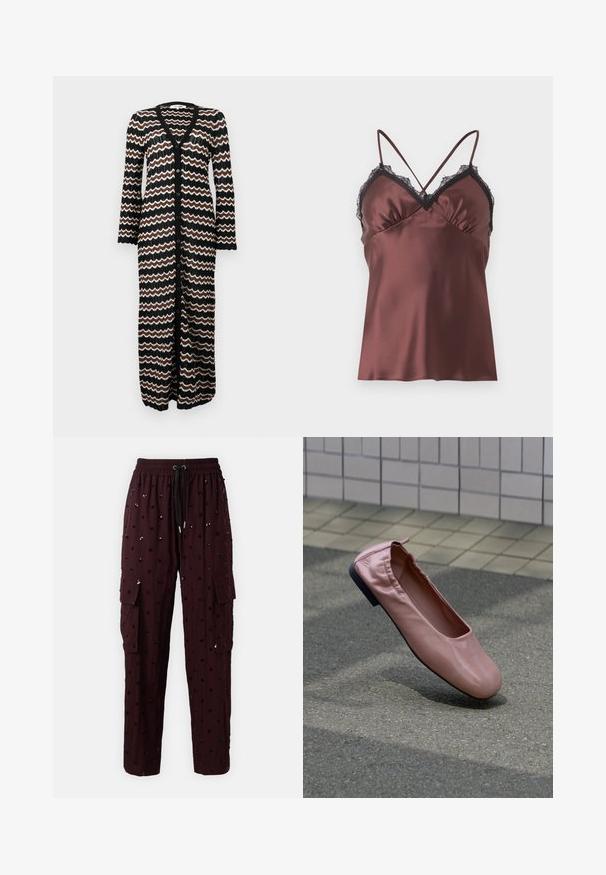 Lang cardigan med sort bund og zigzag mønstre i brun og creme. Lavet af en let strik med knapper ned foran.; Topshop TRIM - Top - chocolate brown; Bordeaux cargo bukser med elastisk talje, snørelukning, sidelommer og sort pailletblomsterdesign over hele. Letvægtigt stof, afslappet pasform.; Lyserød flad lædersko med elastisk hælkappe svævende over grå asfaltbund, flisevæg i baggrunden.