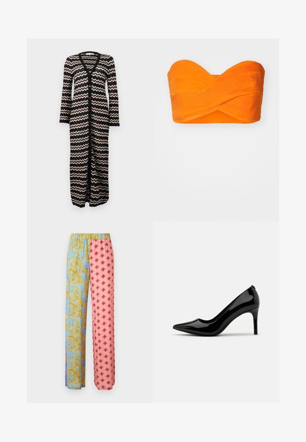 Lang cardigan med sort bund og zigzag mønstre i brun og creme. Lavet af en let strik med knapper ned foran.; Orange bandeau-top med plisseret tekstur, med et snoet frontdesign og glat for. Uden stropper, designet til badetøj eller sommerbeklædning.; Bukser med brede ben og elastisk linning; venstre ben er blåt med gyldent paisleymønster, højre ben er lyserødt med rødt geometrisk diamantmønster.; Sorte laklæder højhælede pumps med spids tå og slank silhuet, prydet med en glat overflade og minimalistisk design.