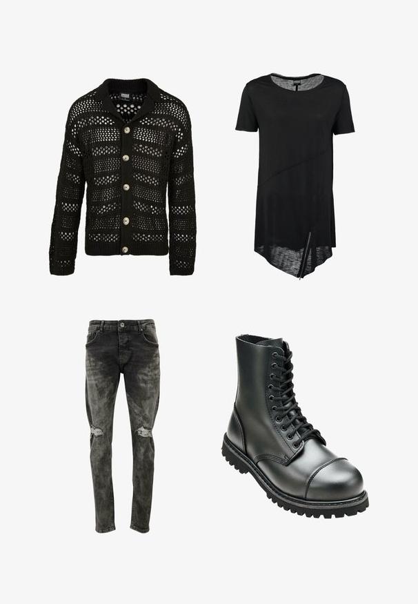 Schwarze Strickjacke mit einem gestrickten, durchbrochenen Design. Verfügt über einen Kragen, lange Ärmel und sechs große, runde Knöpfe auf der Vorderseite.; Schwarzes T-Shirt mit kurzen Ärmeln und Rundhalsausschnitt, asymmetrischem Saum, transparenter Textur und seitlichem Reißverschluss. Weicher, leichter Stoff.; Schmal geschnittene, ausgebleichte schwarze Jeans aus Denim mit abgenutzten Knieflicken. Verfügt über klassische Taschen und einen Knopfverschluss.; Schwarze Lederkampfstiefel mit hohem Knöchel, runder Zehenpartie, Schnürung vorne und robustem Gummisohle mit tiefem Profil für besseren Grip.