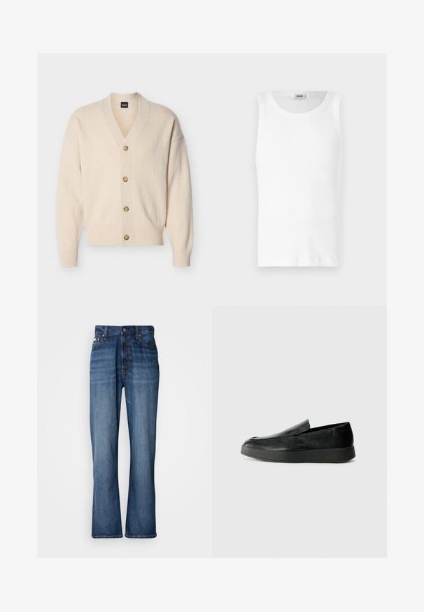 Cardigan beige en maille avec col en V, manches longues, poignets et ourlet côtelés, et quatre boutons marron clair sur le devant.; Débardeur en coton blanc sans manches avec un col rond et une texture lisse. Design simple, sans motifs ni accents.; Jean en denim bleu avec une taille haute, jambes évasées, design à cinq poches et couture ton sur ton. Comprend une fermeture à bouton et des poches rivetées.; Calvin Klein HYBRID CUP - Chaussons - triple black