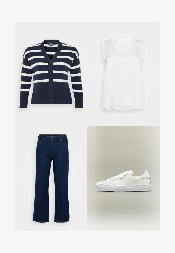 Marineblauwe en witte gestreepte cardigan met een V-hals, zes knopen, ribbelzoom en -manchetten en voorzakken. Gemaakt van zachte breimateriaal.; Witte mouwloze top met een gladde textuur, v-hals en een ontspannen fit. Licht gebogen zoom en zijsplitten voor verbeterde bewegingsvrijheid.; Donkerblauwe denim jeans met een rechte snit, voorzien van een ritsgulp, vijf zakken en zichtbare stikseldetails.; Witte lage sneaker met vetersluiting, glad leren bovenwerk en een getextureerde witte rubberen zool op een neutrale achtergrond.