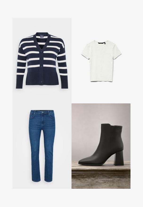 Marineblå og hvid stribet cardigan med V-hals, seks knapper, ribbet bund og manchetter samt forlommer. Lavet af blødt strikket materiale.; Enkel hvid ribstrikket bomulds T-shirt med korte ærmer og rund halsudskæring, vist fladt på hvid baggrund.; Blå denim jeans med lige ben design, med kontrasterende syninger, fem-lomme stil og en metalknap lukning i taljen.; Sort læder ankelstøvle med spids tå og en blokhæl, udstyret med et struktureret sort område og en glat overflade.