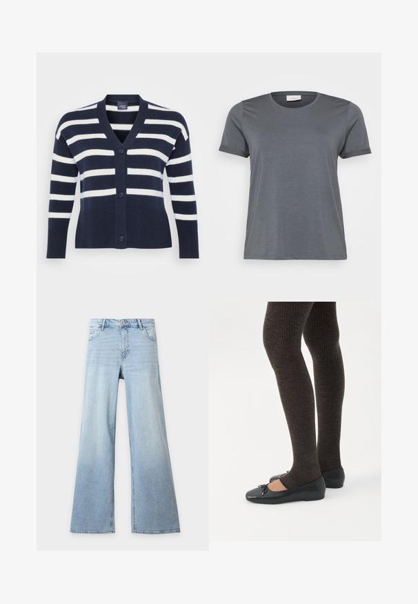 Marineblauwe en witte gestreepte cardigan met een V-hals, zes knopen, ribbelzoom en -manchetten en voorzakken. Gemaakt van zachte breimateriaal.; Grijze t-shirt met korte mouwen, gemaakt van zachte stof, met een klassieke ronde halslijn en omgeslagen mouwen. Een gladde textuur zonder zichtbare patronen.; Lichtblauwe jeans met hoge taille en wijde pijpen, met voorste knoop, rits en twee voorzakken op een effen achtergrond.; Benen met donkere geribbelde leggings gecombineerd met zwarte ballerina's met kleine strikdetails op een witte achtergrond.