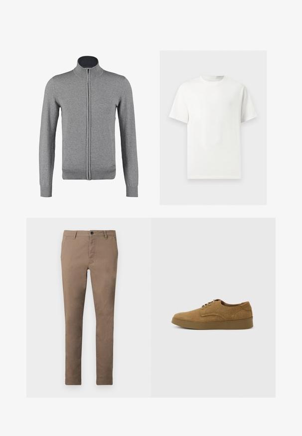 Gilet zippé gris avec un col et des poignets côtelés, offrant une texture lisse et une coupe ajustée. Pas de motifs ni d'accents visibles.; T-shirt blanc uni à manches courtes et col rond présenté sur un fond gris clair.; Pantalon marron ajusté pour homme avec fermeture à boutons et zip sur le devant, passants de ceinture et poches latérales, présenté à plat sur fond blanc.; Chaussure décontractée à lacets en daim marron avec semelle en caoutchouc plate, vue de côté sur un fond clair uni.