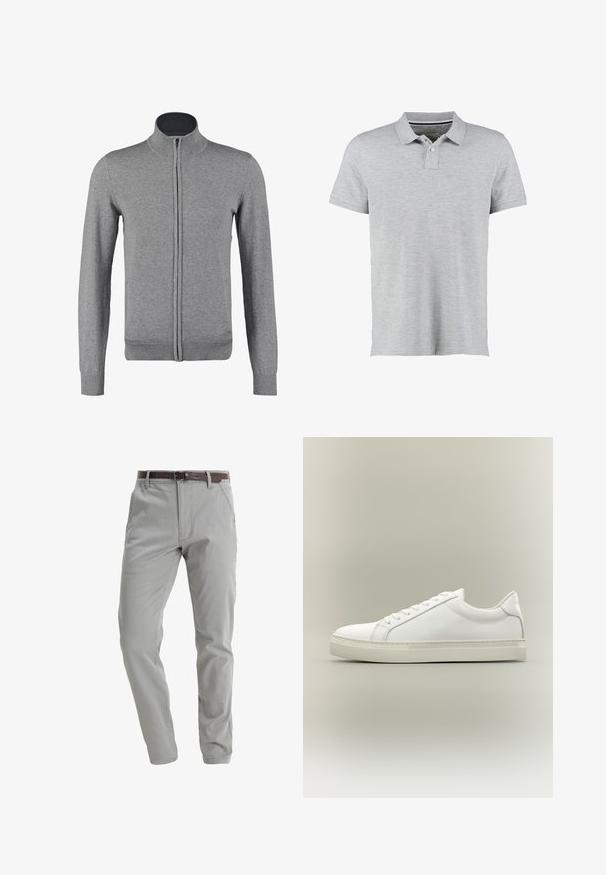 Gilet zippé gris avec un col et des poignets côtelés, offrant une texture lisse et une coupe ajustée. Pas de motifs ni d'accents visibles.; Polo gris à manches courtes, en tissu doux, avec un col à côtes subtil et une patte de boutonnage à deux boutons.; Pantalons gris clair en tissu doux, avec une coupe droite, des poches avant et une ceinture en cuir marron pour le maintien.; Baskets blanches basses à lacets sur l’avant et semelle épaisse, vues de côté sur un fond neutre.
