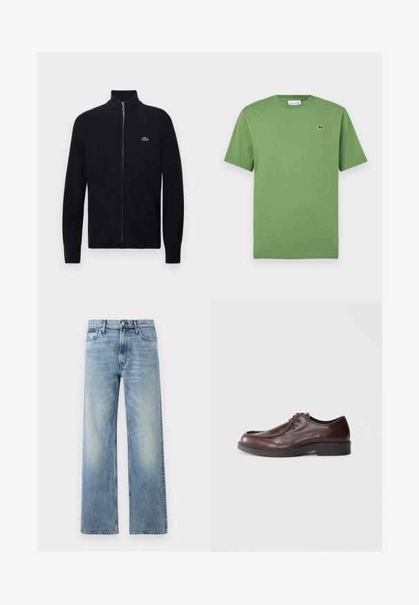 Pull noir à fermeture éclair avec col et poignets côtelés, fabriqué en matière tricotée. Présente un petit logo vert sur la zone gauche de la poitrine.; T-shirt vert à manches courtes avec col rond, orné d'un petit logo crocodile Lacoste brodé sur la poitrine gauche.; Jean droit en denim bleu clair avec taille haute, cinq poches, fermeture à boutons et léger délavage sur les cuisses et les genoux.; Chaussure habillée en cuir marron avec un bout arrondi, des accents de couture minimum, et une semelle noire robuste. Présente un système de laçage et une texture lisse.