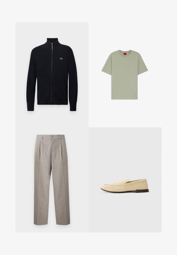 Sort lynlåstrøje med ribbet krave og manchetter, lavet af strikket materiale. Har en lille grøn logo på venstre bryst.; Lysegrøn T-shirt med korte ærmer og rund halsudskæring, med lille hvidt "HUGO"-logo på brystet og rød indvendig nakkemærkat.; Lysegrå, lige bukser med plisseringer, bæltestropper, knaplukning og lynlås, vist på en enkel baggrund.; The Antipode Loafers - cream