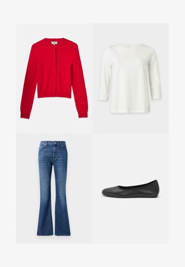 Cardigan rouge en matériau doux, avec un col rond, des manches longues et une fermeture par boutons sur le devant avec un tissu texturé.; Chemise blanche à manches longues avec un col rond, présentée sur un fond clair uni.; Jeans évasés bleus en denim, dotés d'une taille haute, de cinq poches et d'un léger effet d'usure près des coutures.; Ballerines en cuir noir avec un bout rond, texture lisse, détails de couture minimalistes et design de semelle flexible.