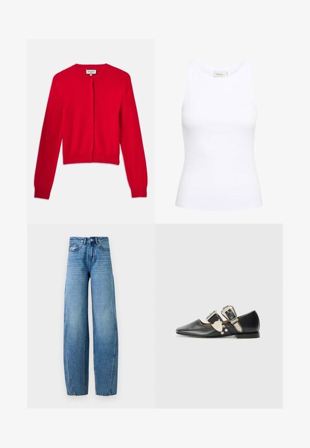 Cardigan rouge en matériau doux, avec un col rond, des manches longues et une fermeture par boutons sur le devant avec un tissu texturé.; Débardeur blanc côtelé avec un col rond et sans manches. Tissu extensible et design ajusté. Étiquette au dos indiquant "GESTUZ."; Jean en denim bleu taille haute avec jambes larges, fermeture devant par bouton et zip, poches avant et arrière, présenté sur un fond uni.; Chaussure plate en cuir noir avec un bout pointu, des accents de boucle en argent et des rivets décoratifs. Elle possède un petit talon et une texture lisse.