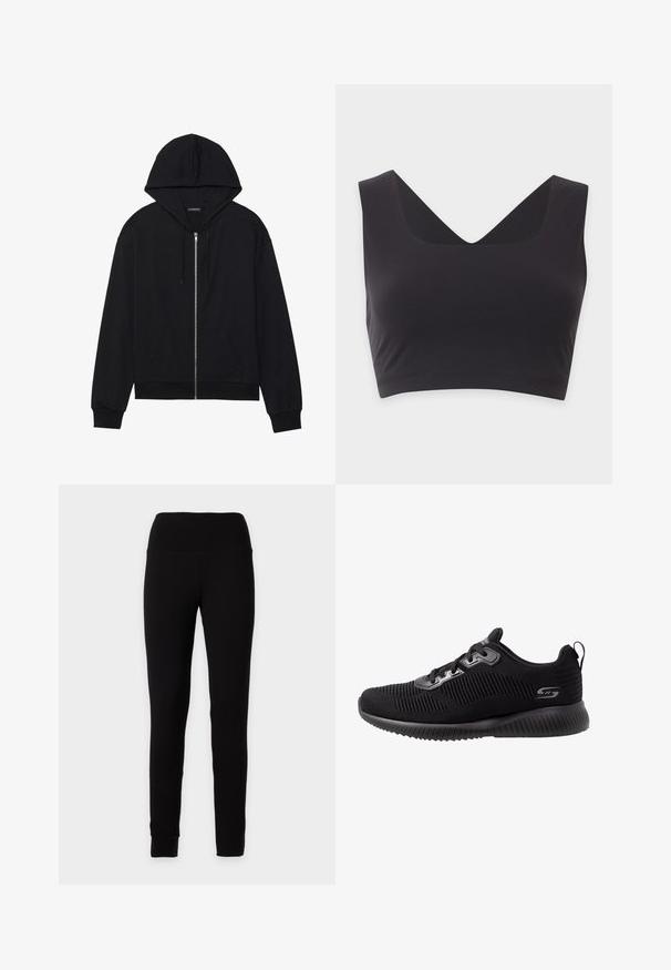 Haut de hoodie noir zippé avec une poche frontale, capuche à cordon de serrage, poignets et ourlet côtelés. Fabriqué à partir d'un matériau doux avec une texture lisse.; Crop top noir sans manches avec de larges bretelles et un profond décolleté en V sur un fond clair uni.; Legging noir uni taille haute avec une silhouette ajustée et des jambes longueur cheville, présenté sur un fond neutre.; Baskets de sport noires avec un dessus en tricot texturé, design à lacets, col rembourré et semelle en caoutchouc coussinée avec un détail strié.