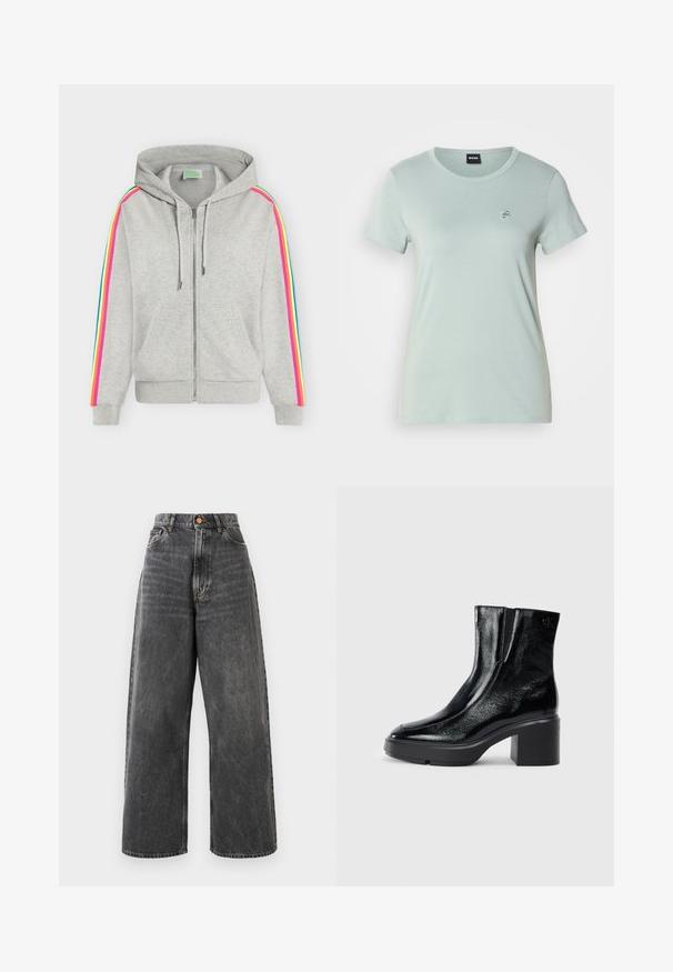 Sweat à capuche zippé gris clair avec poches avant et rayures multicolores roses, jaunes et bleues courant le long des manches.; T-shirt vert clair à manches courtes en tissu doux, avec un col rond et un petit logo brodé sur la poitrine.; Jean à taille haute et jambes larges en denim noir délavé avec poches avant, passants de ceinture et fermeture à bouton en cuivre.; Bottines en cuir verni noir avec un bout arrondi, des panneaux latéraux en élastique et un talon épais. Comprend un logo embossé à l'arrière.