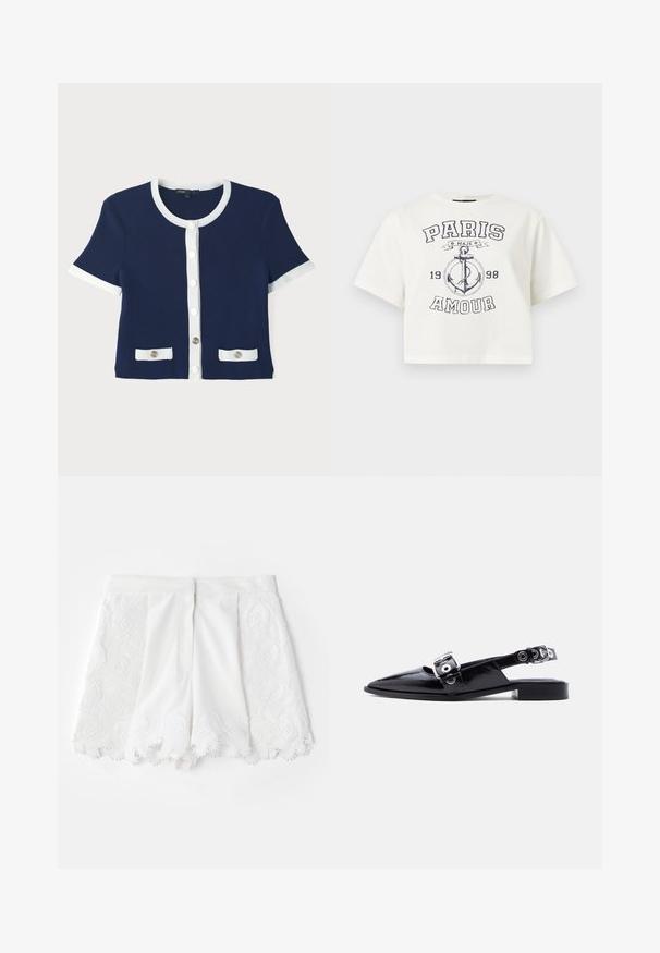Cardigan côtelé navy avec bord blanc, manches courtes et fermeture à boutons sur le devant. Il présente deux poches avec des boutons décoratifs.; T-shirt blanc court avec un graphique noir d'ancre, les inscriptions « PARIS AMOUR », « MAJE » et l'année « 1998 » imprimées sur le devant.; Shorts blancs avec un design brodé texturé sur les côtés et un ourlet festonné. Tissu lisse avec des accents de perles décoratives.; Ballerine pointue en cuir verni noir avec double boucle argentée et talon slingback sur fond blanc.