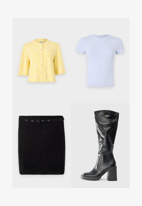 Cardigan jaune à manches courtes avec encolure ronde, boutons sur le devant et petits motifs de marguerites blanches éparpillés sur le tissu.; Good American SUPER STRETCH BABY TEE - T-shirt basique - periwinkle; Jupe en velours côtelé noir au design ajusté, dotée d'une ceinture, de détails en métal argenté et d'une texture de côtes verticales discrètes.; Bottines noires en cuir montant jusqu'au genou, dotées d'un bout arrondi, d'un large talon bloc et d'une semelle texturée, avec un design doux et fluide.