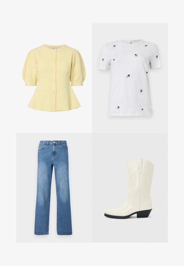Soft yellow ribbed knit cardigan with short puff sleeves, round neckline, and front button closure.; White short-sleeve t-shirt with small scattered blue flower embroidery and green stems, crew neck, plain background.; Light blue denim jeans with a high waist, wide leg design, five pockets, and visible stitching detail. Smooth texture with slight fading.; White mid-calf western-style boot with pointed toe, black stacked heel, decorative stitching, and pull tab on the shaft.
